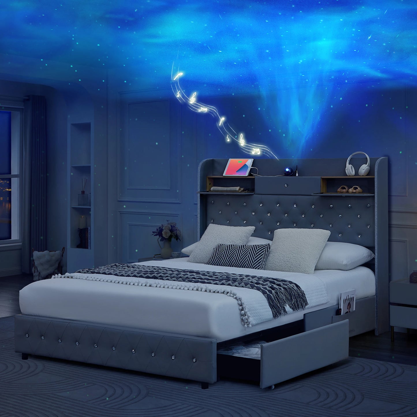 Sibeds LED Bed Frame With Star Projector And Storage Drawers