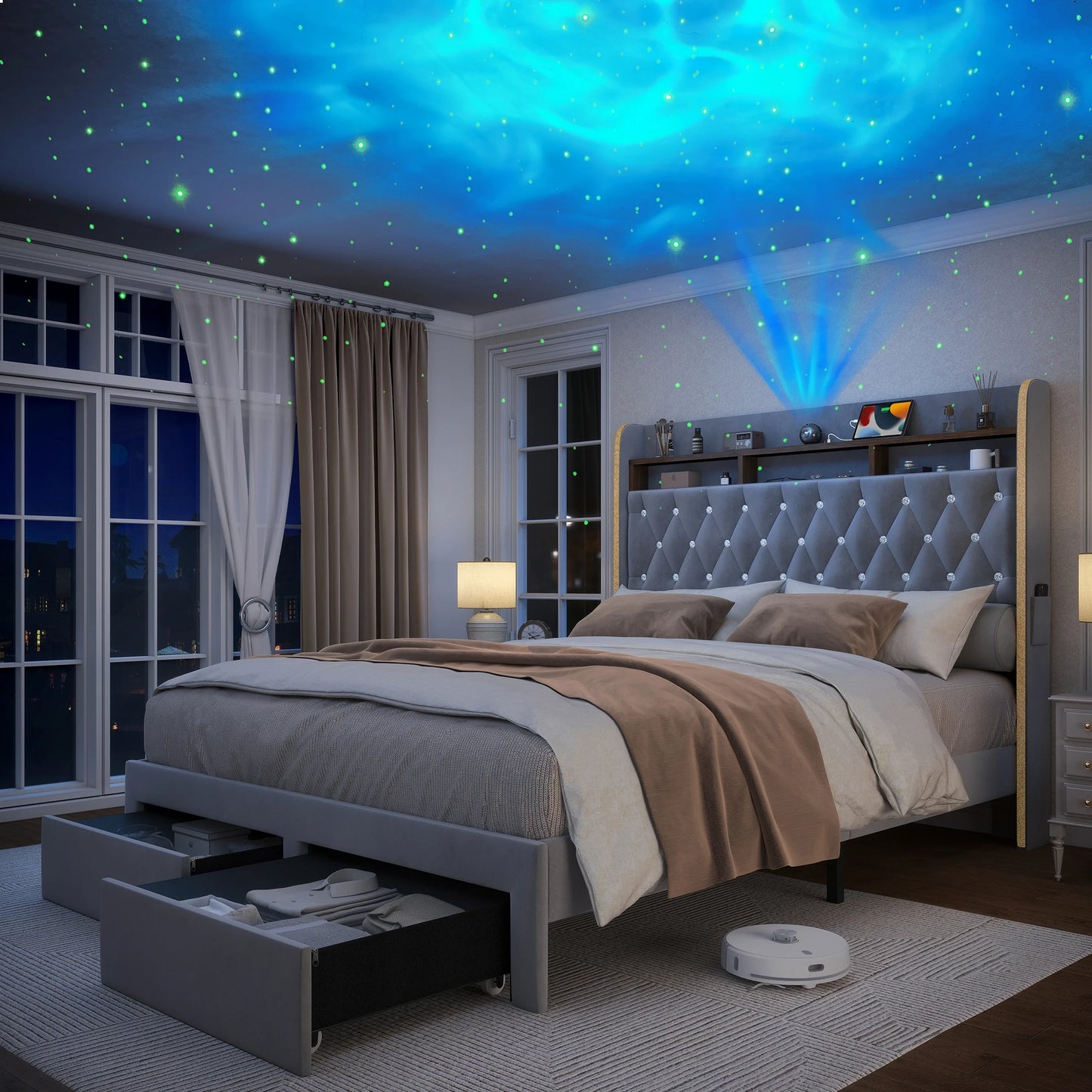 SIBEDS LED Bed Frame With Storage Drawers And Star Projector