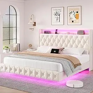 Floating Bed Frame Platform With LED Lights And USB Charging Headboard
