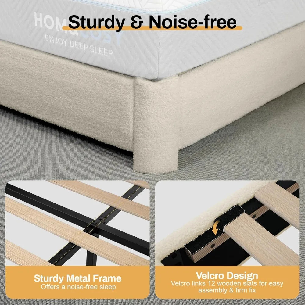 Adjustable Boucle Upholstered Bed Frame With Headboard