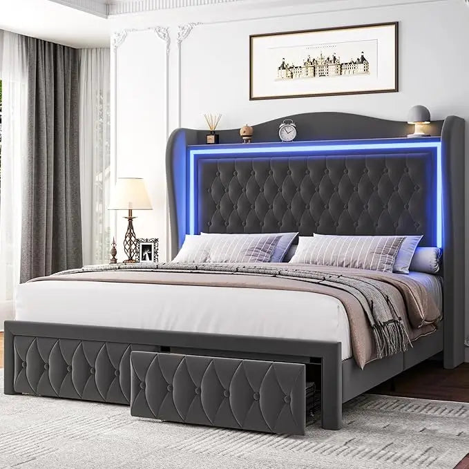 YANYING Queen Bed Frame With LED Lights Velvet Headboard Drawers