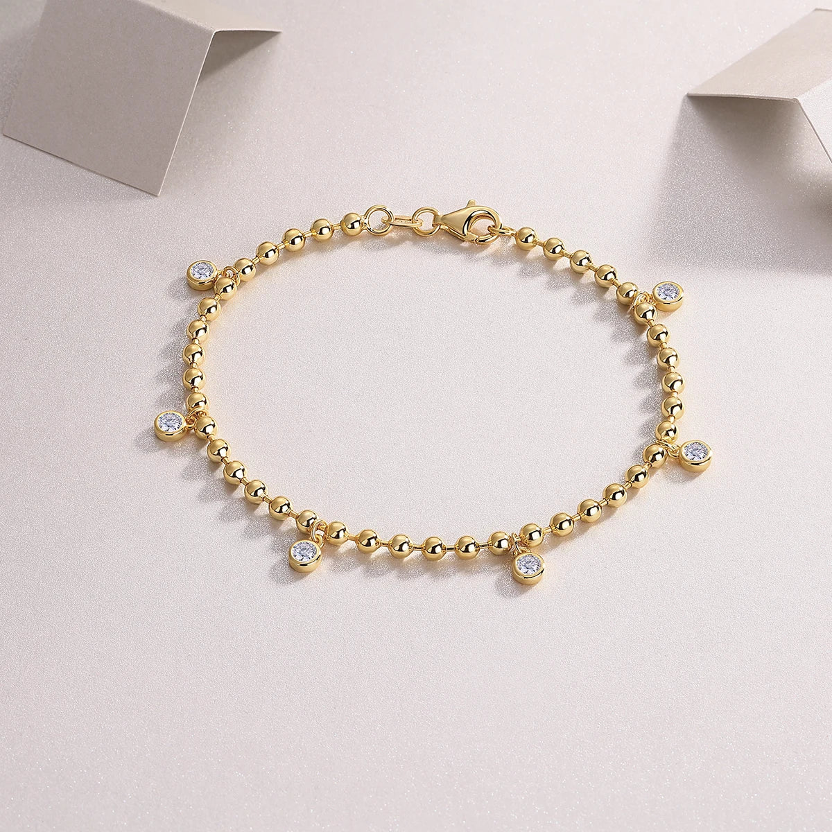Moissanite Gold Plated Beaded Chain Bracelet Sterling Silver For Women