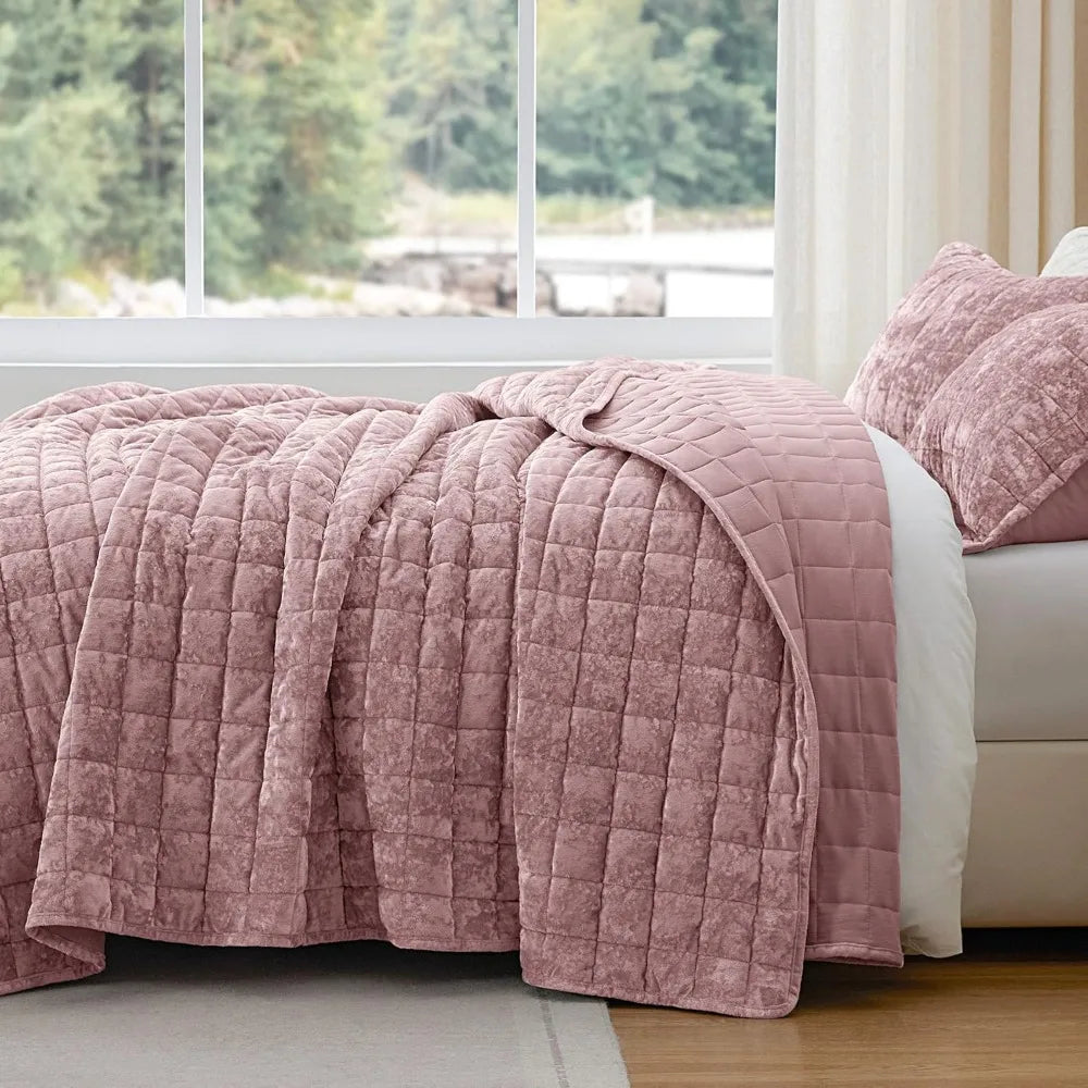 Velvet Quilt Bedding Set 3 Piece Comforter Soft Cozy Premium