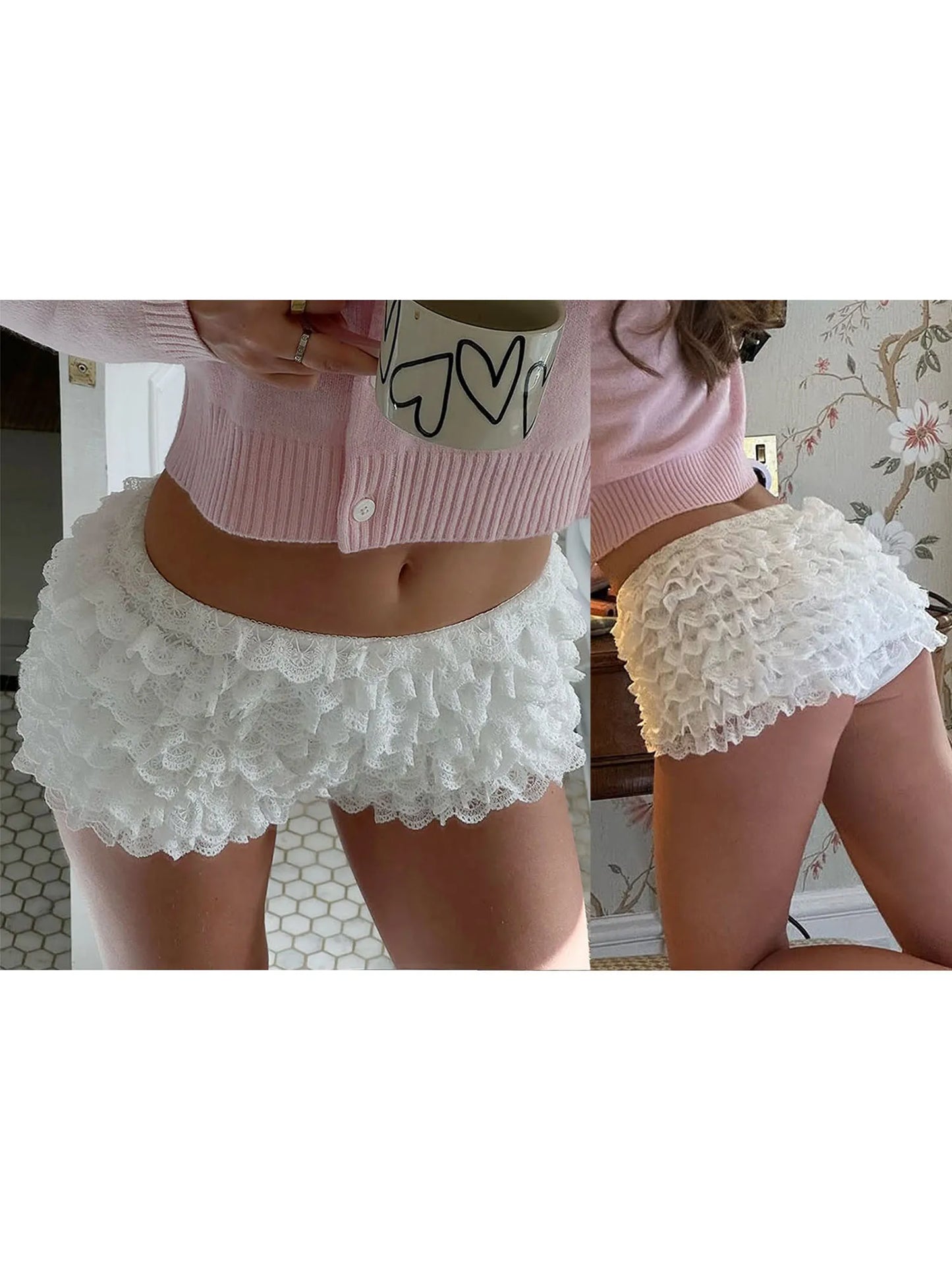 XBTCLXEBCOCN Women Lace Layered Ruffle Shorts With Elastic Waistband