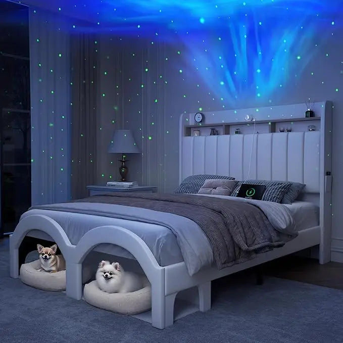 Aurora Platform Bed With Faux Leather And Star Projector