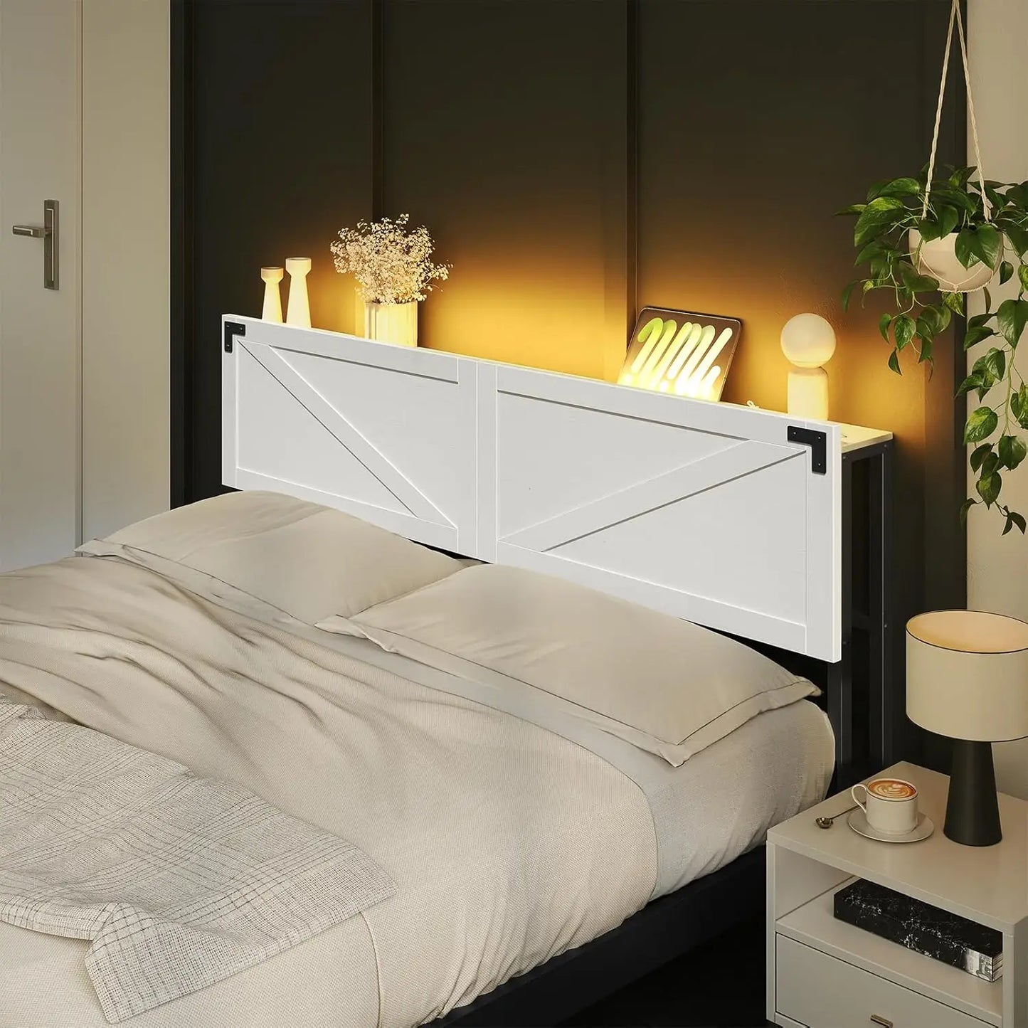 Headboard With USB Ports And LED Lights Storage Shelf