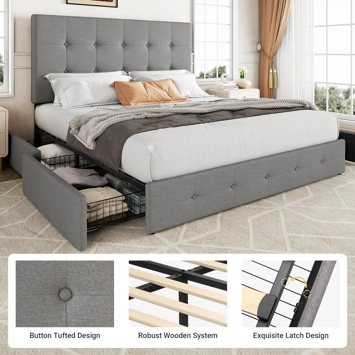 Platform Bed Frame With 4 Storage Drawers And Adjustable Headboard