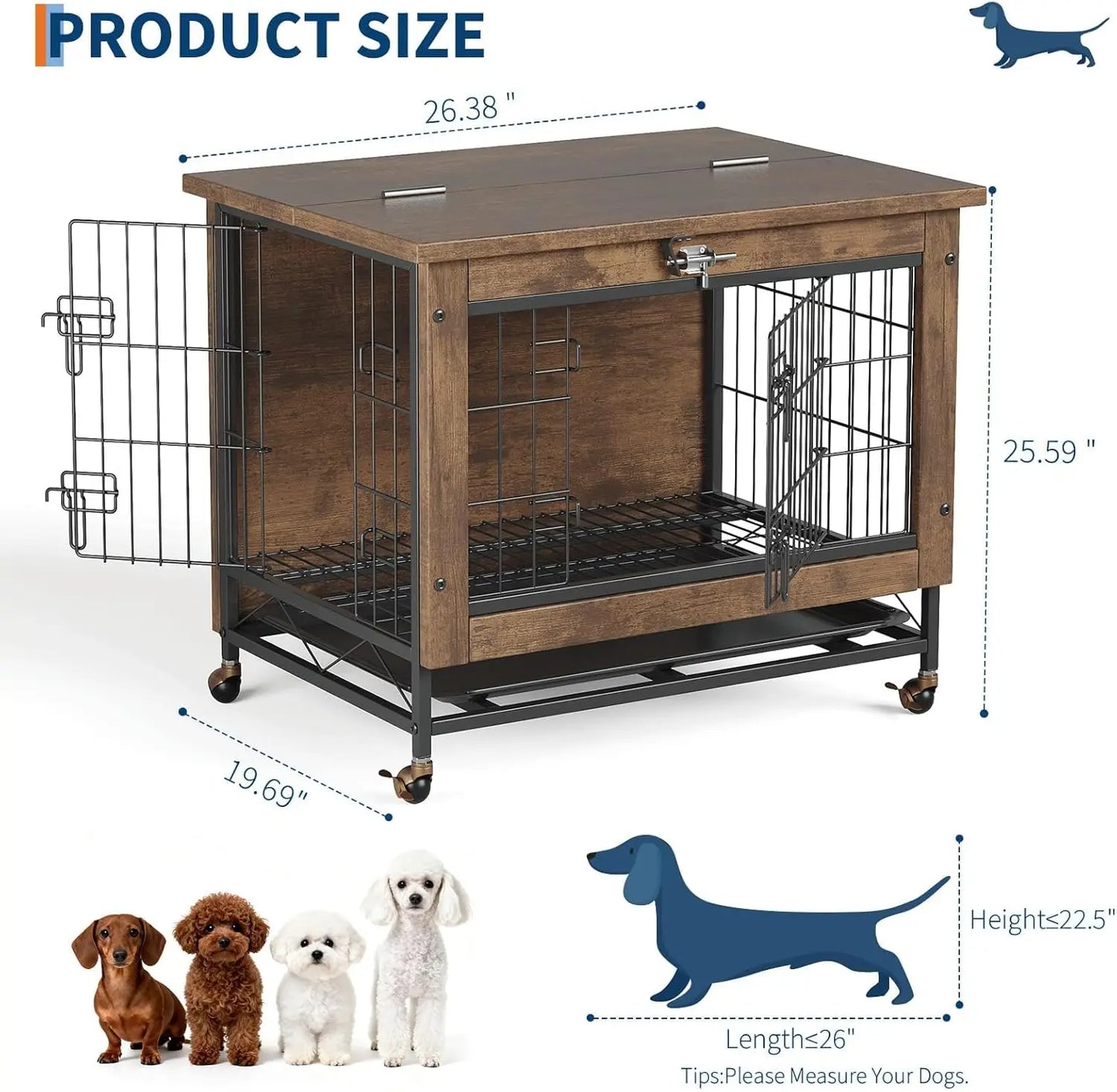HiMISS Rustic Wood And Metal Dog Crate Furniture With Wheels
