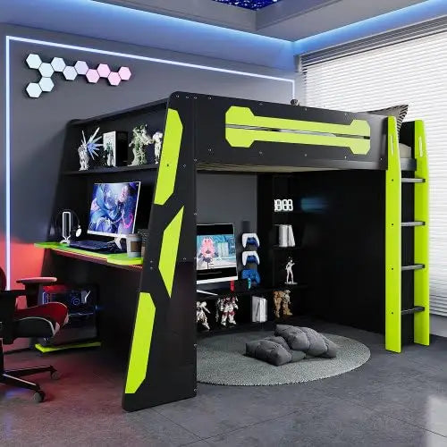 Gaming Loft Bed With Desk RGB Light And Storage Shelves