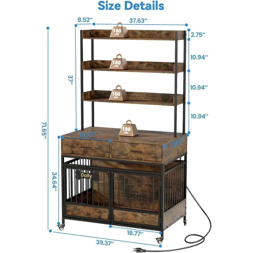 Wooden Dog Crate Furniture With Storage Shelves And Wheels
