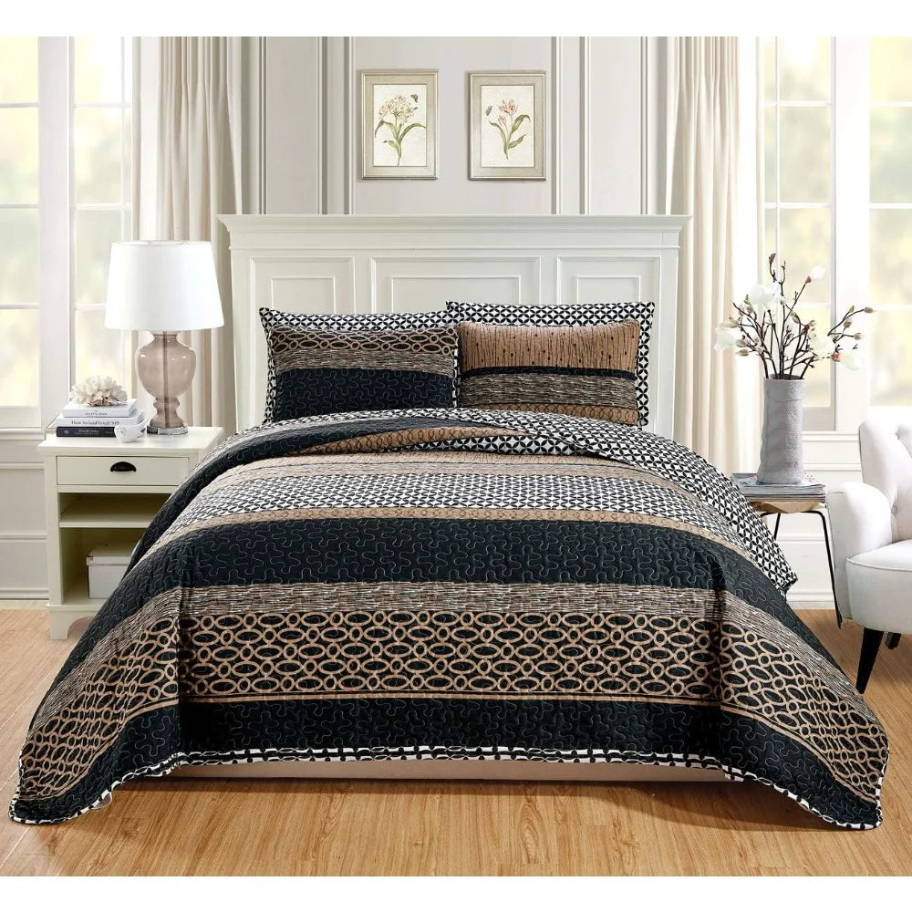3-Piece Fine Printed Oversize Quilt Set Reversible Bedspread Coverlet King Size Bed Cover Black, Brown, T