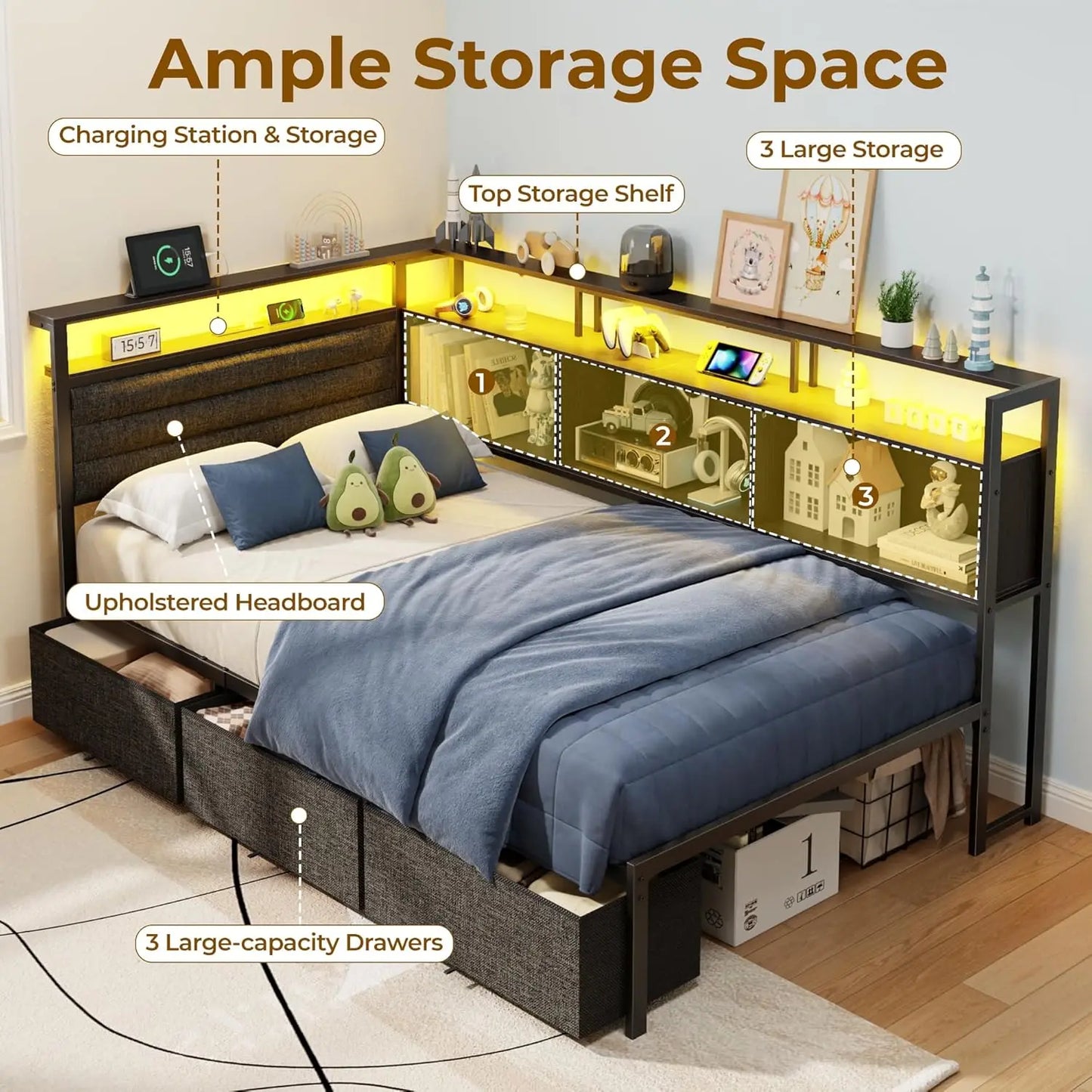 Corner Bed Frame With Storage Bookcase And LED Lights Headboard Charging Station