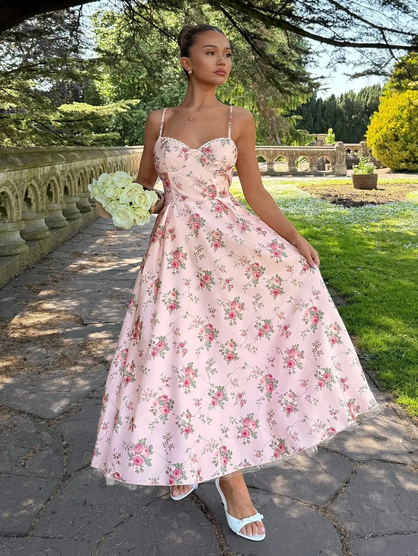 Relinas Glamine Women's Floral Print Lace French Sweet V-Neck Suspender Long Dress, Pink Floral Elegant Romantic