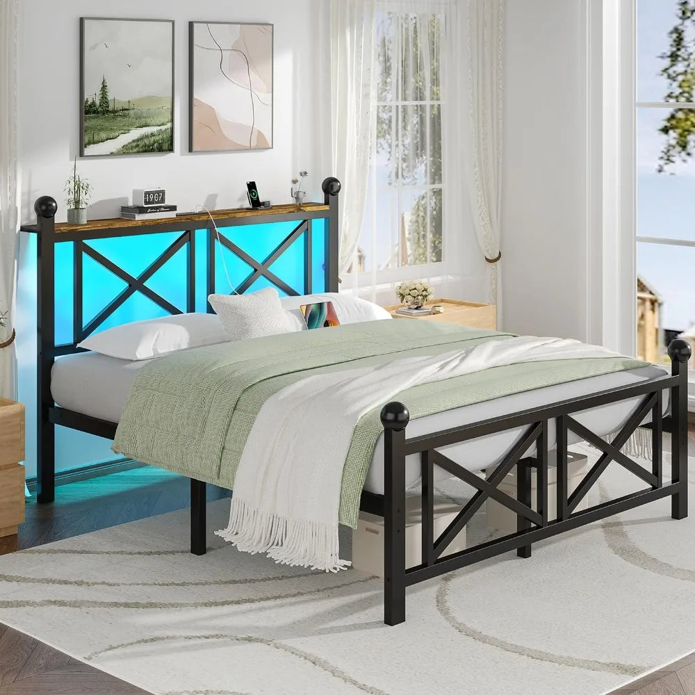 Sturdy Metal Bed Frame With LED Lighting And Charging Station
