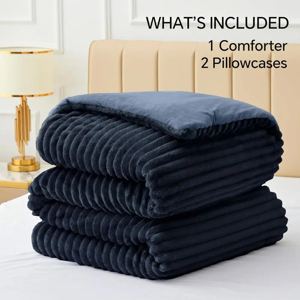 California King Comforter Set - Super Soft & Warm Fluffy Navy Blue Bedding, Luxury Fuzzy Heavy Bed Set for Winter with 2 Pillow