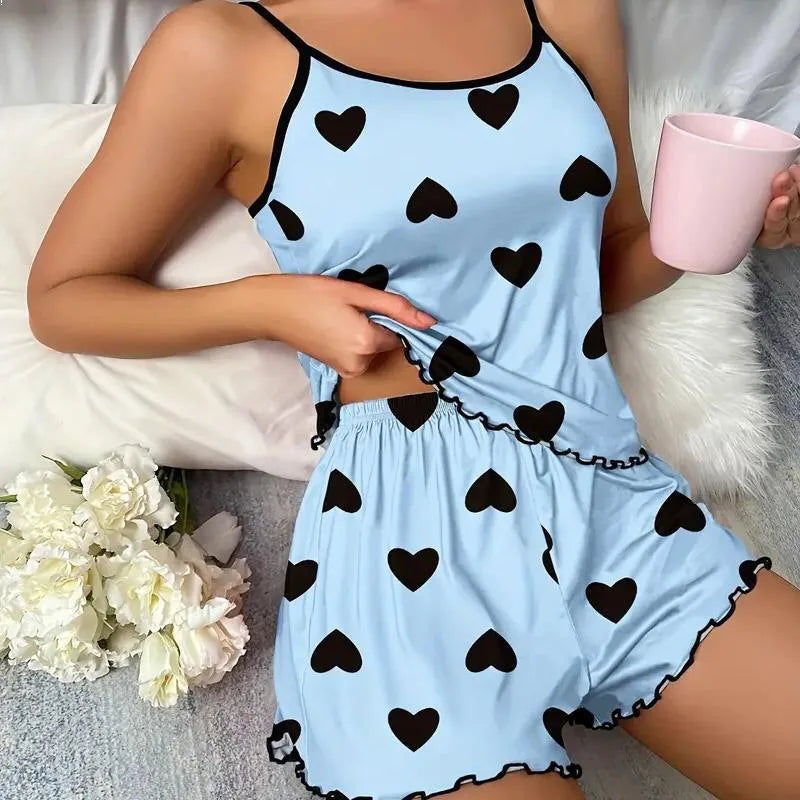 KYJGCN Ice Silk Pajamas For Women Heart Print Sleepwear Set