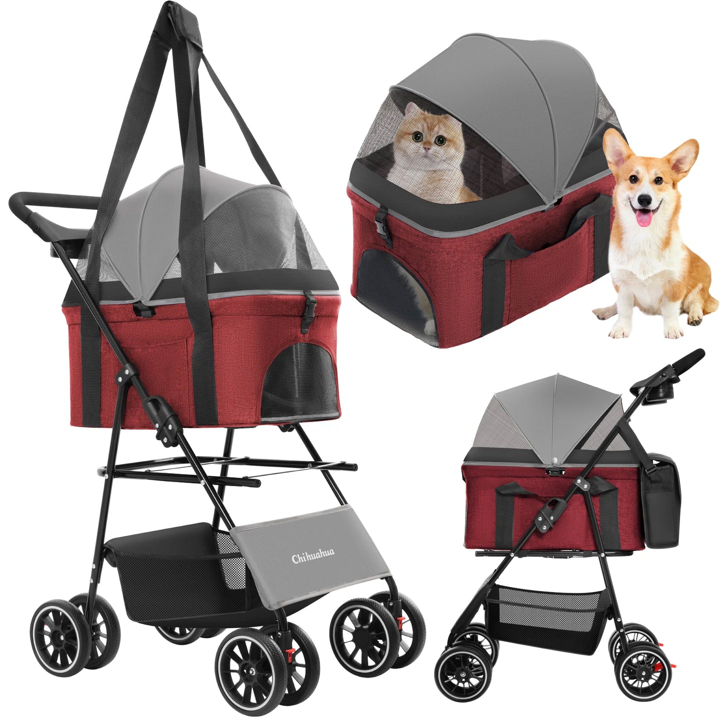CHIHUAHUA 3 In 1 Pet Stroller For Dogs And Cats Lightweight Foldable Detachable