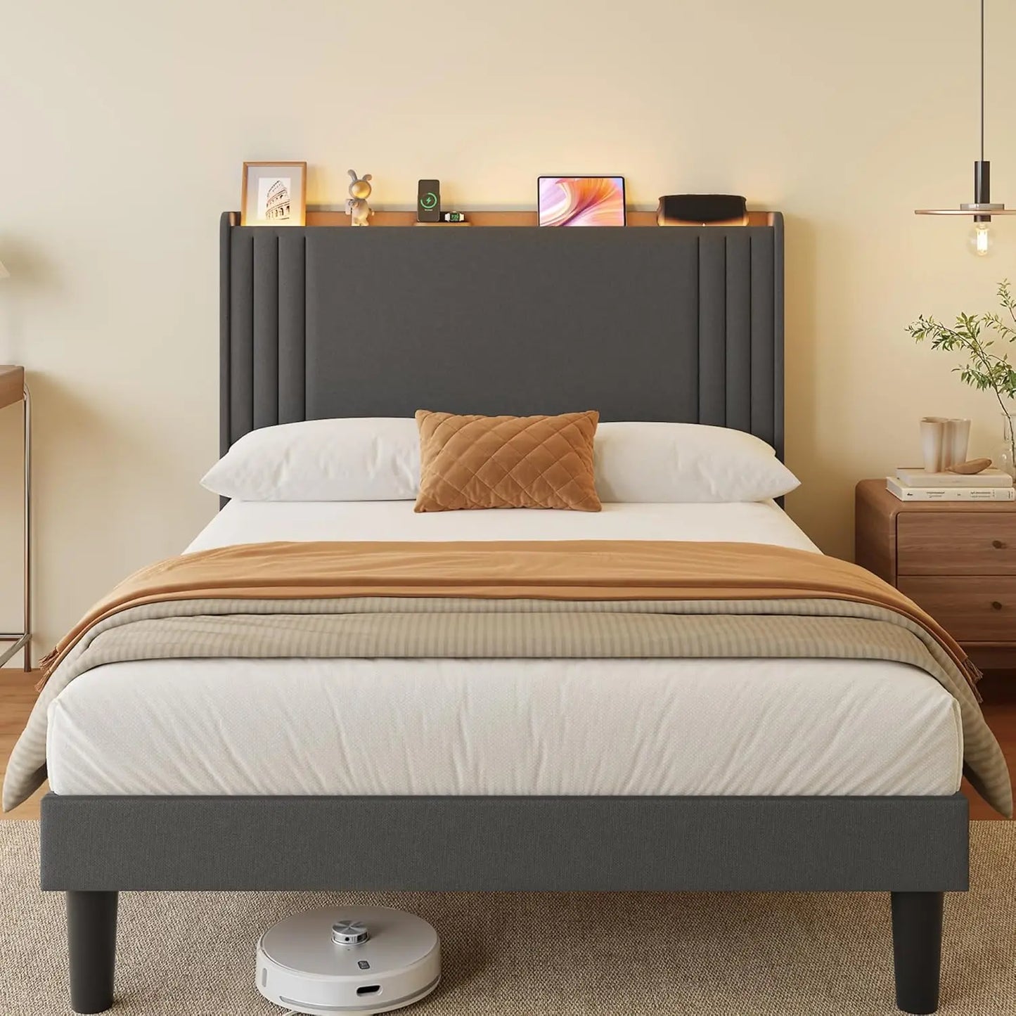 NONECN Wingback Upholstered Bed Frame With Slats And Easy Assembly