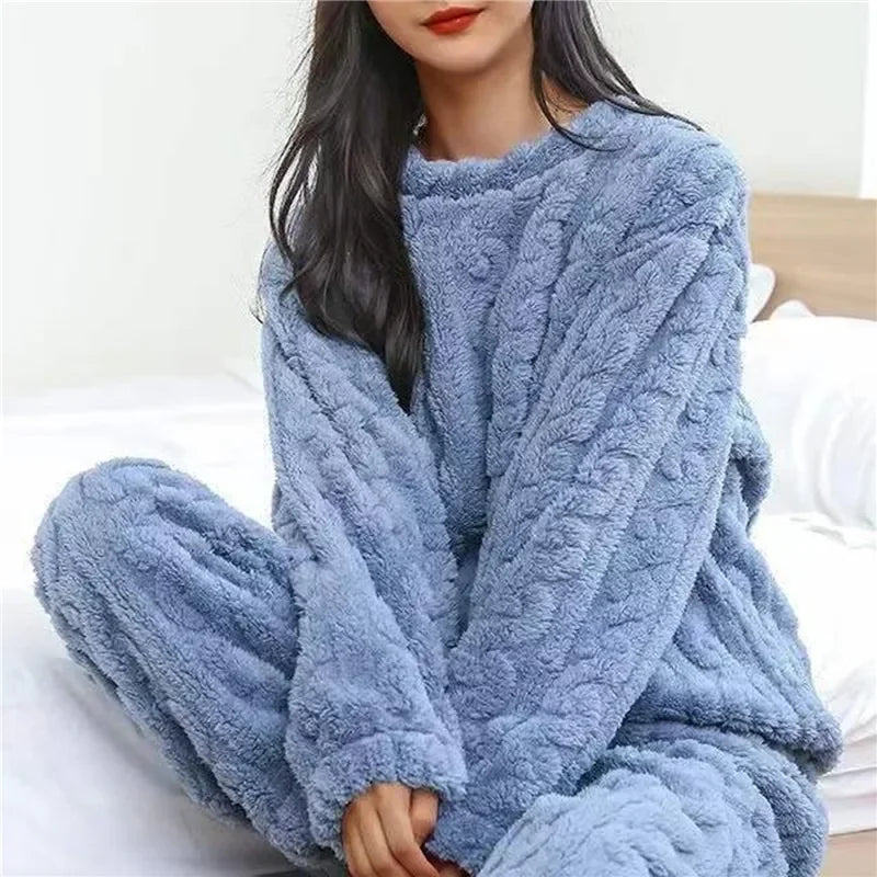 NONECN Winter Velvet Pajama Set Women Fluffy Two Piece