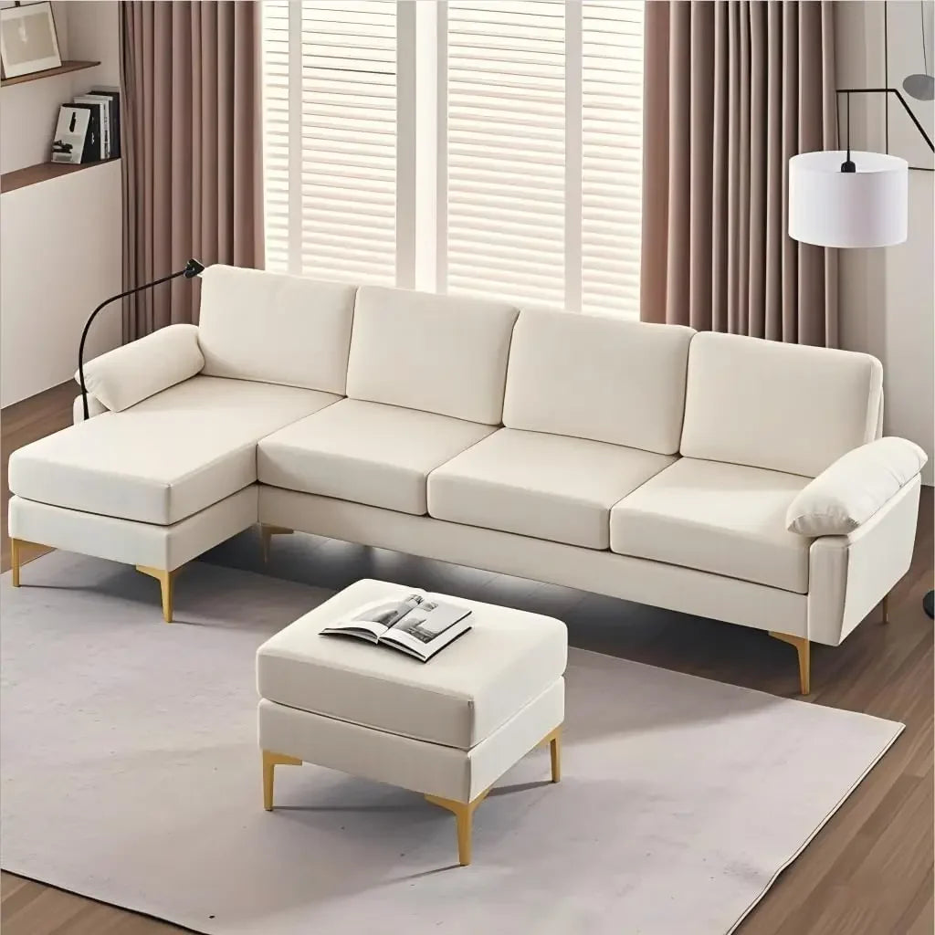 Corduroy U Shaped Combination Sofa Set With Lounge Chair Footstool