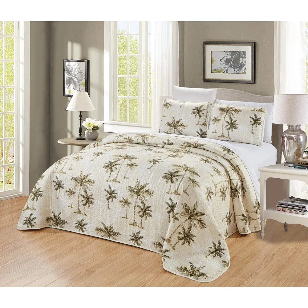 Fine Printed Oversize (100 X 92) Tropical Palm Tree Queen Size Quilt Set Reversible Bedspread Coverlet Bed Cover Beige