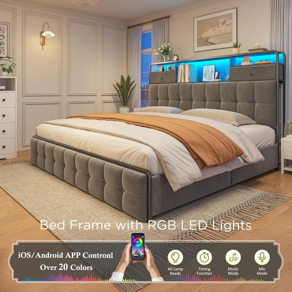 King Size Bed Frame with Upholstered Headboard and 6 Storage Drawers, Bed Frame with LED Lights and Charging Station
