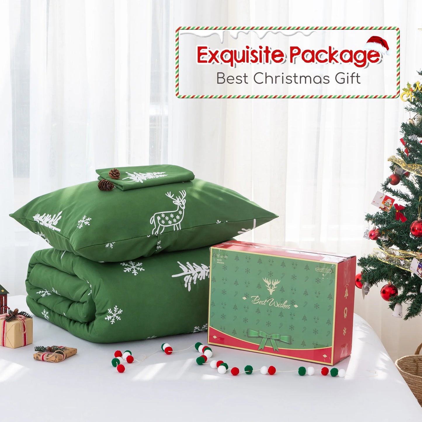 Soft PolyCotton Bed Comforter Queen Size, Christmas Reindeer Elks Bedding Down Alternative Comforter Set with Pillow Sham