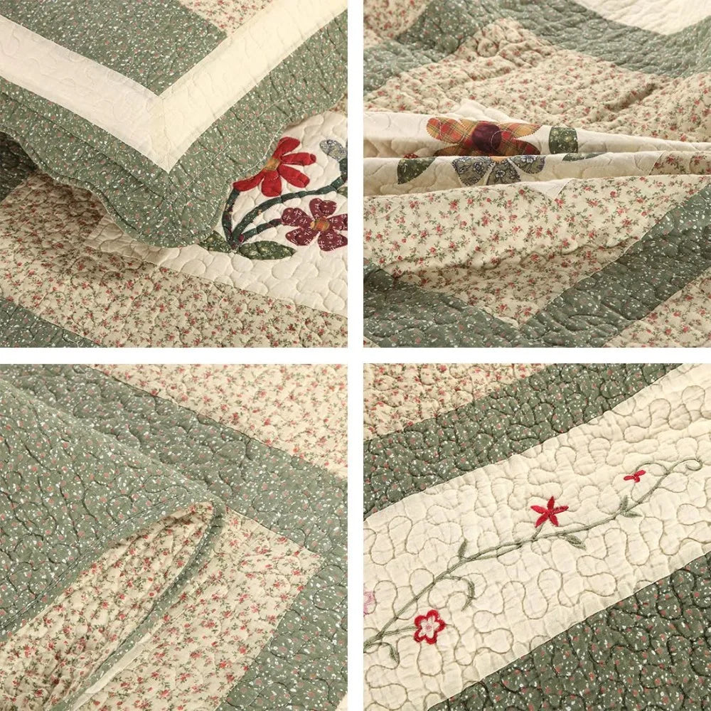 Farmhouse Green 3 Piece Embroidered Floral Quilted Bedspread Quilt Set 100% Cotton Reversible Patchwork Coverlet Set 1 Qu