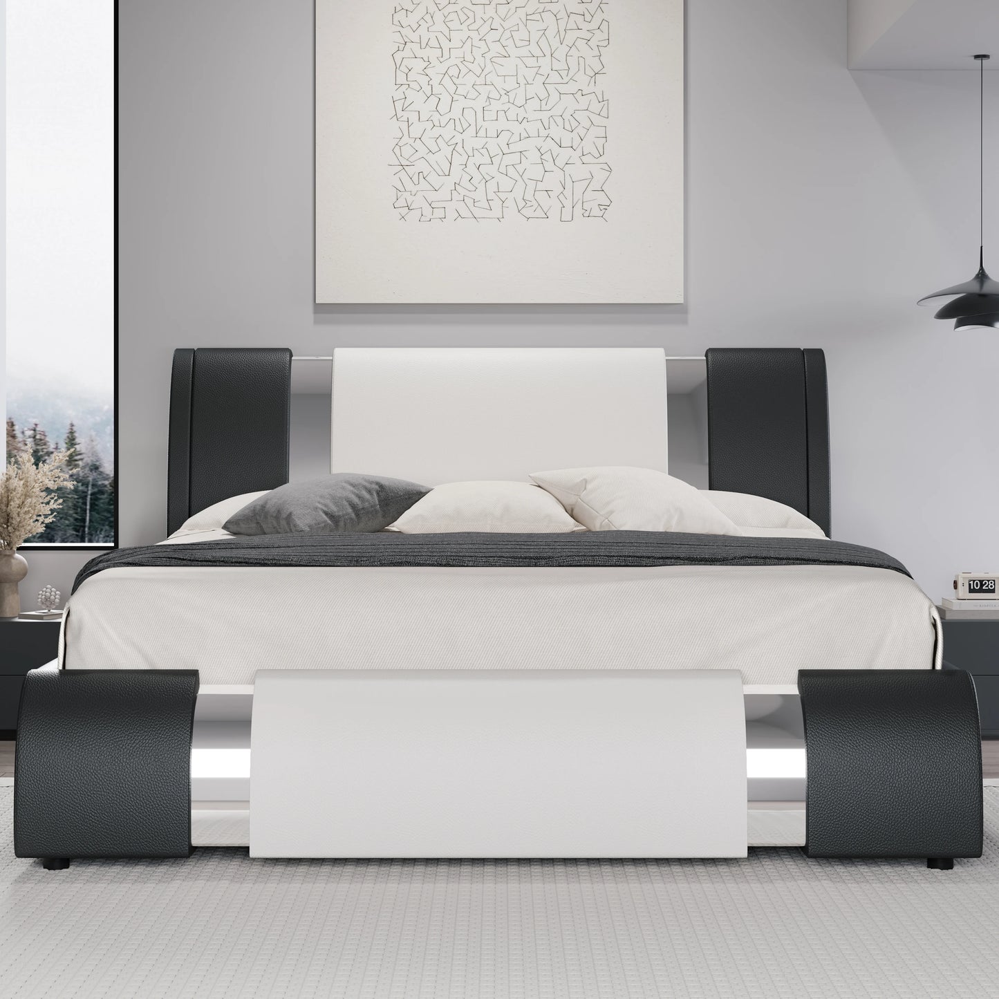 HOOMI Modern Faux Leather Bed Frame With Height Adjustable Headboard