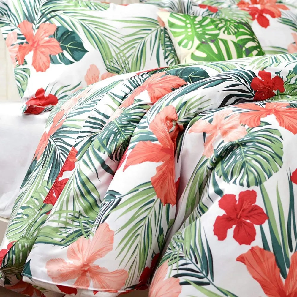 Tropical Hibiscus Duvet Cover Set 100 Cotton With Hidden Zipper