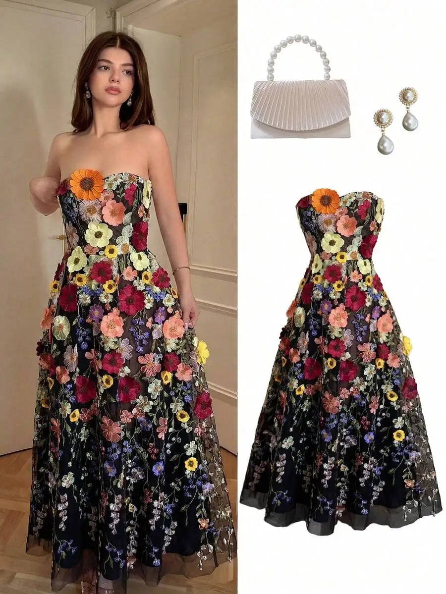 Elegant Lilac Tulle Strapless Dress with 3D Floral Embroidery for Garden Party