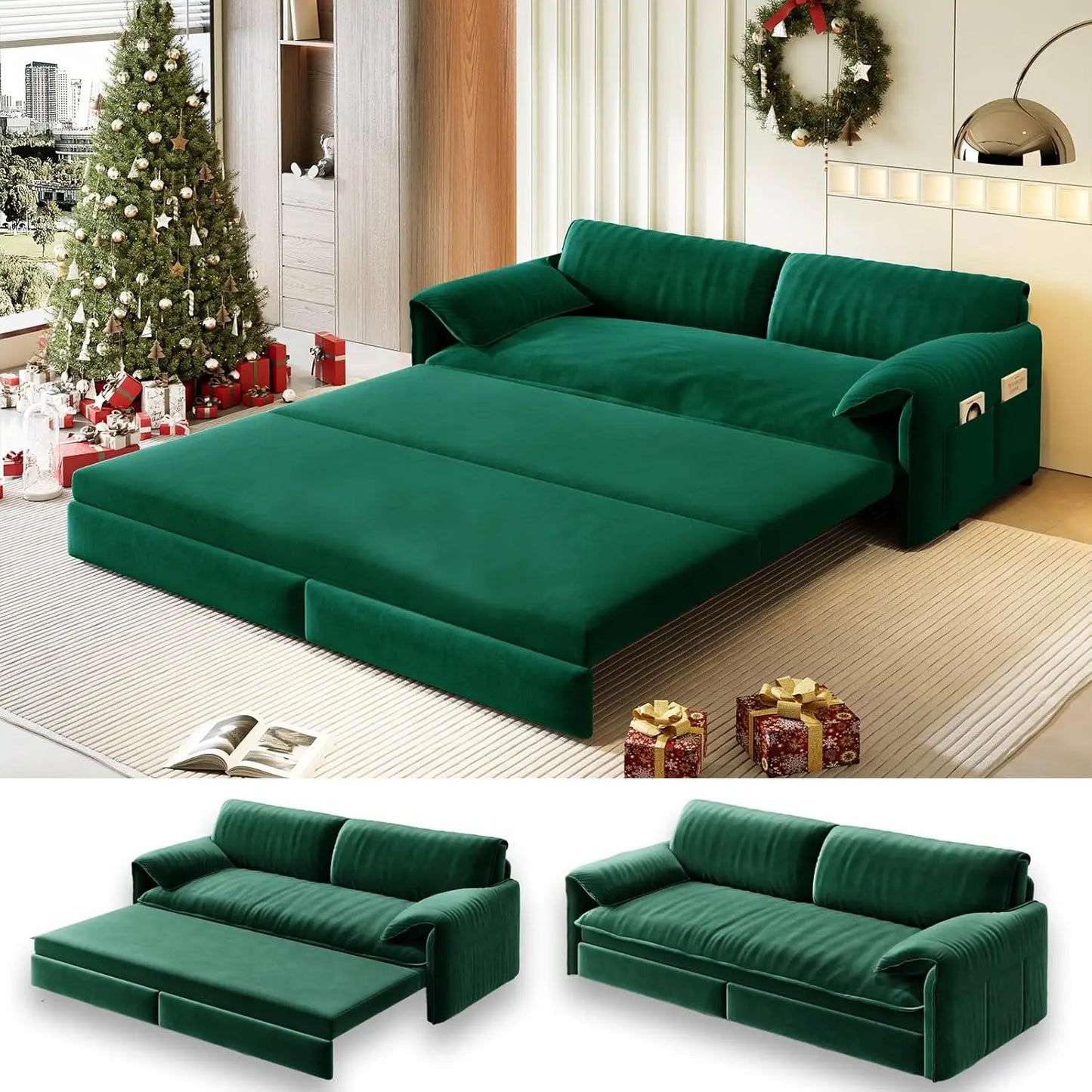 Futon Sofa Bed 3-in-1 Velvet Convertible Sleeper With Side Pocket