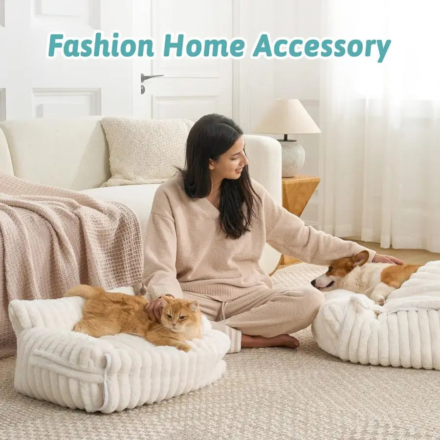 Cat Bed with Removable Cover, Multifunctional Plush Faux Fur Pet Couch Bed with Blanket, UltraSoft Pet Furniture for Cats amp Sm