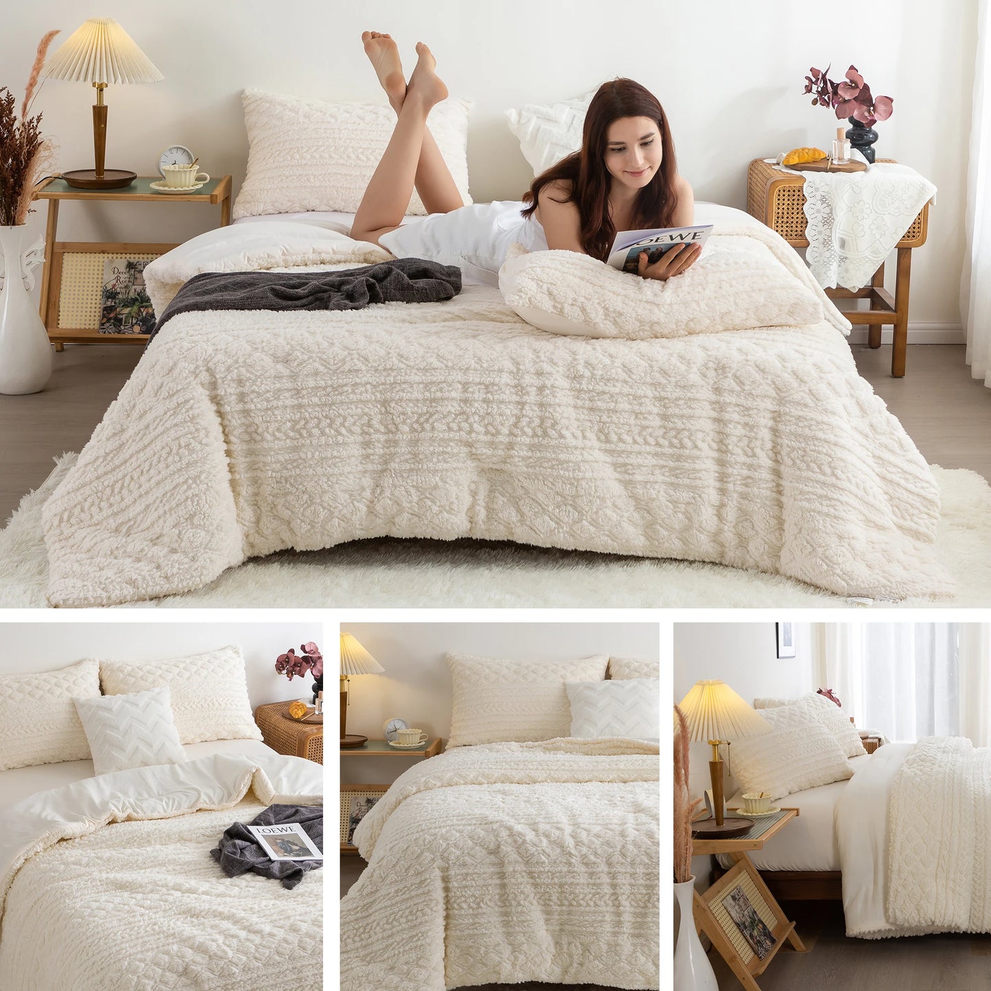 Cottebed Plush Fleece Sherpa Cotton Comforter Bed Set All Season