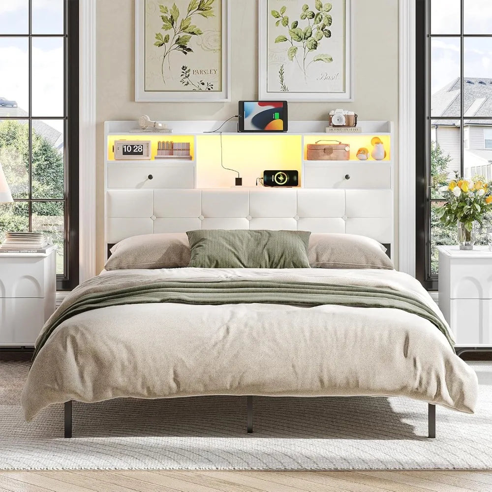 Upholstered Headboard With Storage Drawers Charging Station LED Lights