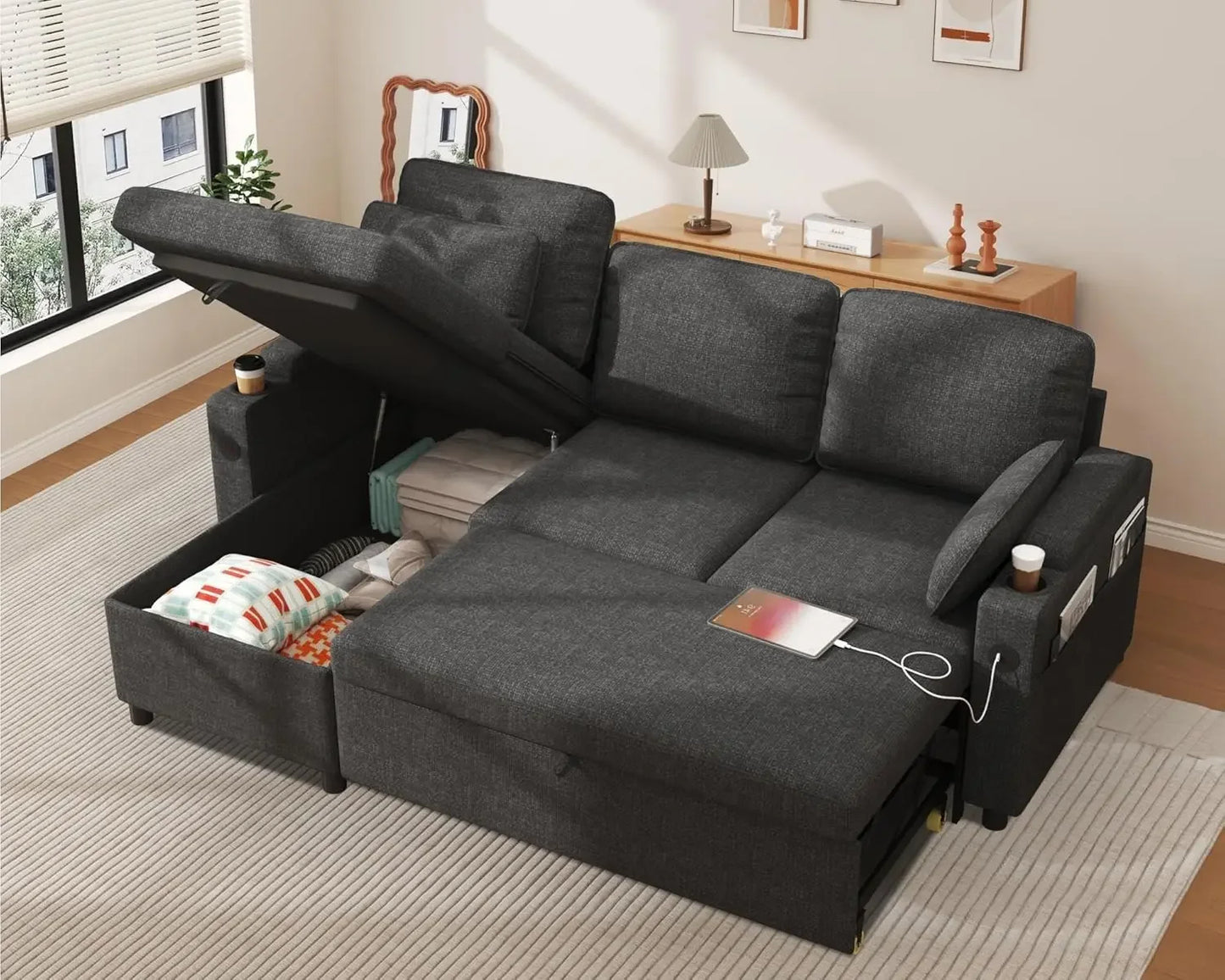 Sofa Bed Sleeper Couch With USB Pullout Bed Storage Chaise