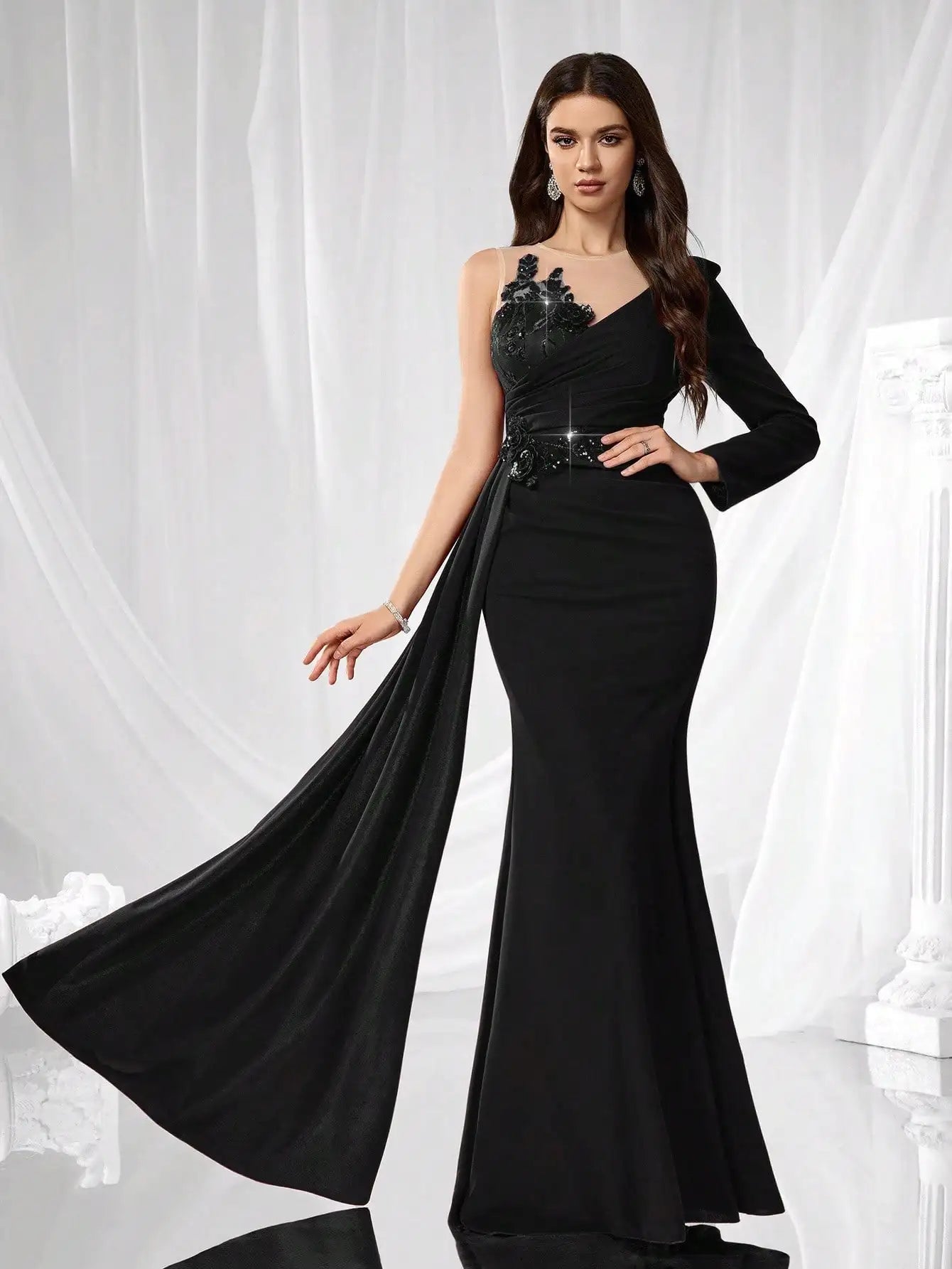 Elegant Burgundy Long Sleeve Evening Gown with Floral Embellishments, V-Neck Mermaid Dress for Wedding Guest or Formal Events