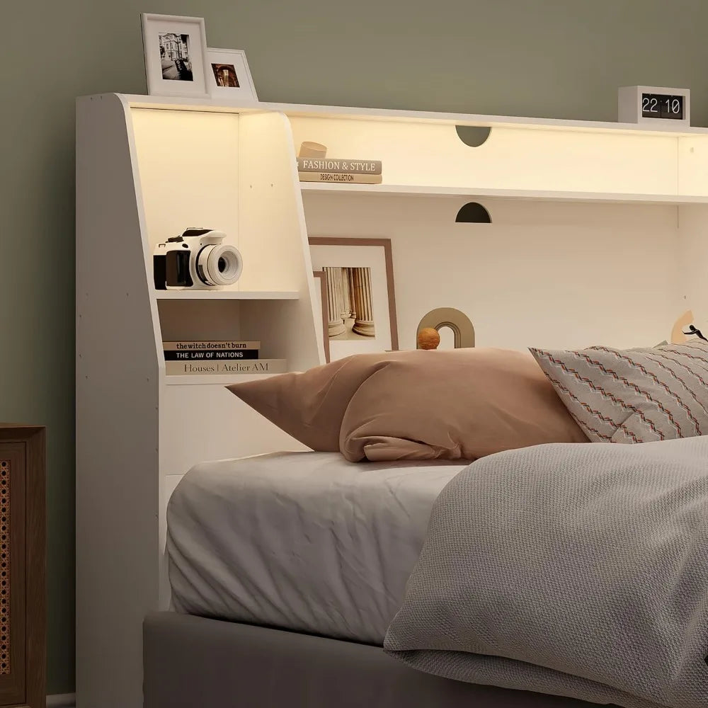 Wood Bookcase Headboard With Storage And Charging Station LED Lights