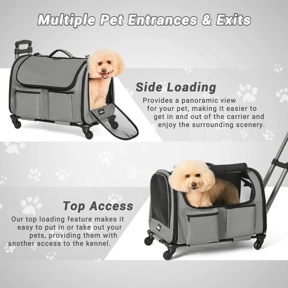 Pet Carrier With Wheels Foldable Rolling Dog Carrier Big Pocket
