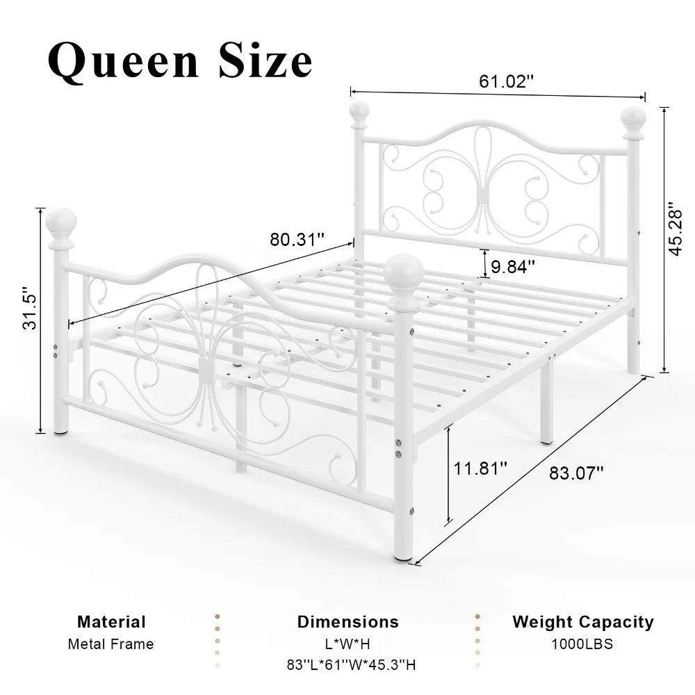 Metal Bed Frame With Vintage Headboard And Footboard