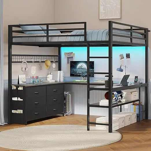XMSJ Loft Bed With U Shaped Desk And Storage Shelves