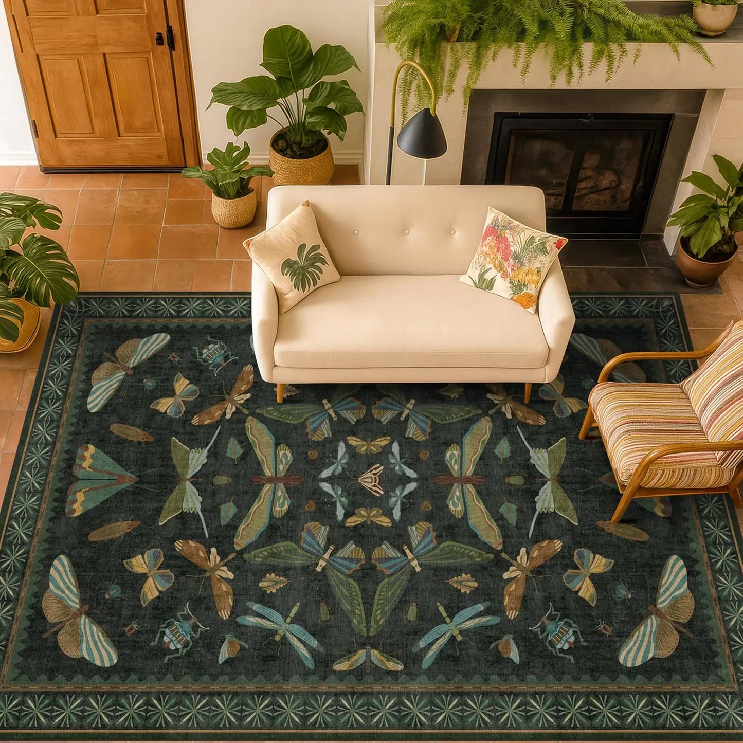 Wool Silk Striped Area Rug Non Slip Washable Living Room