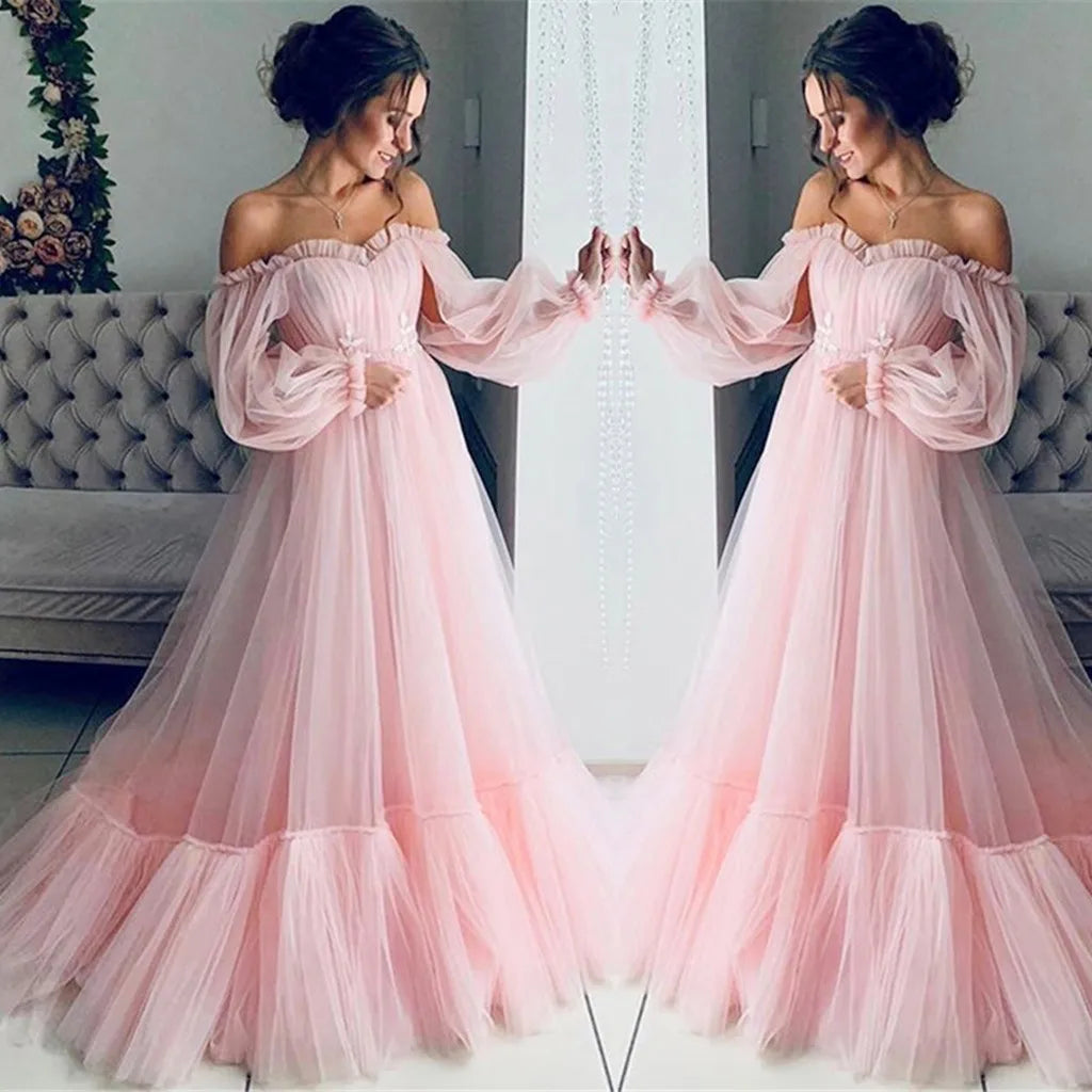 2023 Elegant Party Mesh Dress Prom Dresses Solid Color Slash Neck Love Tulle Tea Length Wedding Party Graduation Fairycore Dress