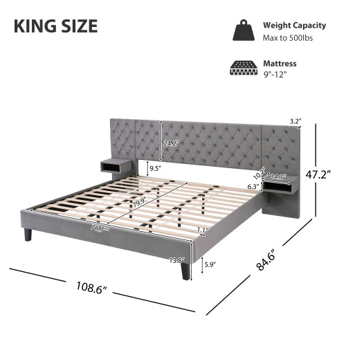 Modern Velvet Upholstered Platform Bed With Diamond Tufted Headboard