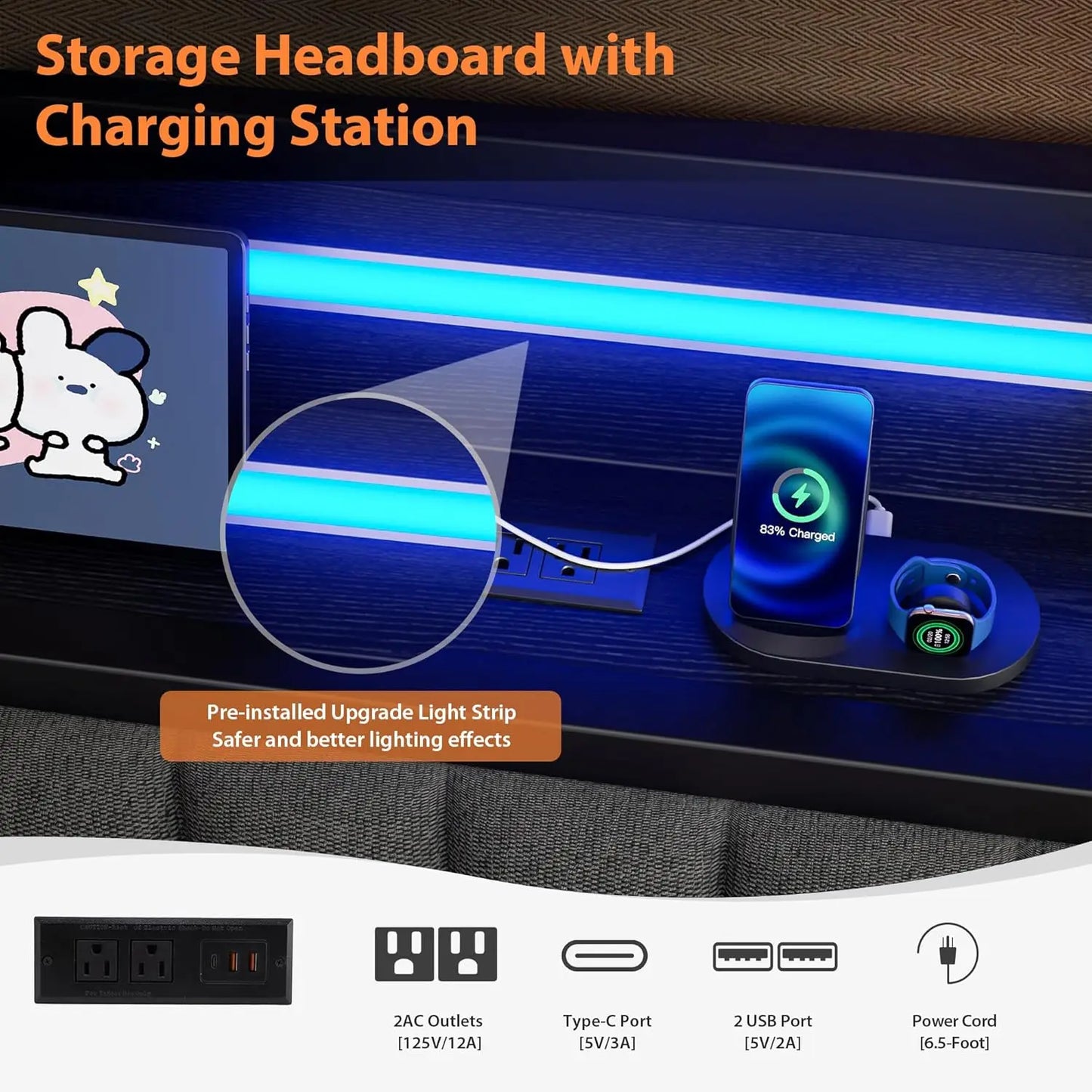 Twin Daybed With Pop Up Trundle LED Headboard Storage Charging