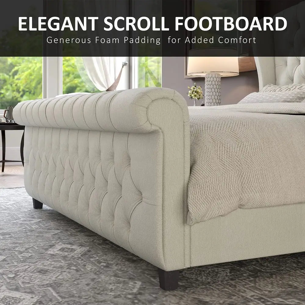 Chenille Upholstered Sleigh Bed With Scroll Wingback Headboard Footboard Tufted