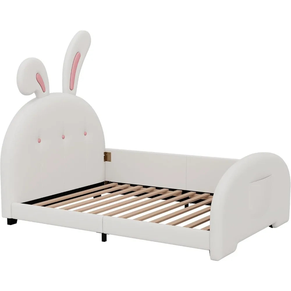 Luxury Leather Upholstered Platform Bed With Rabbit Ornament Headboard
