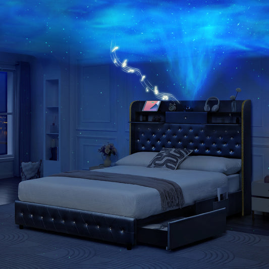 Sibeds LED Bed Frame With Star Projector And Storage Drawers