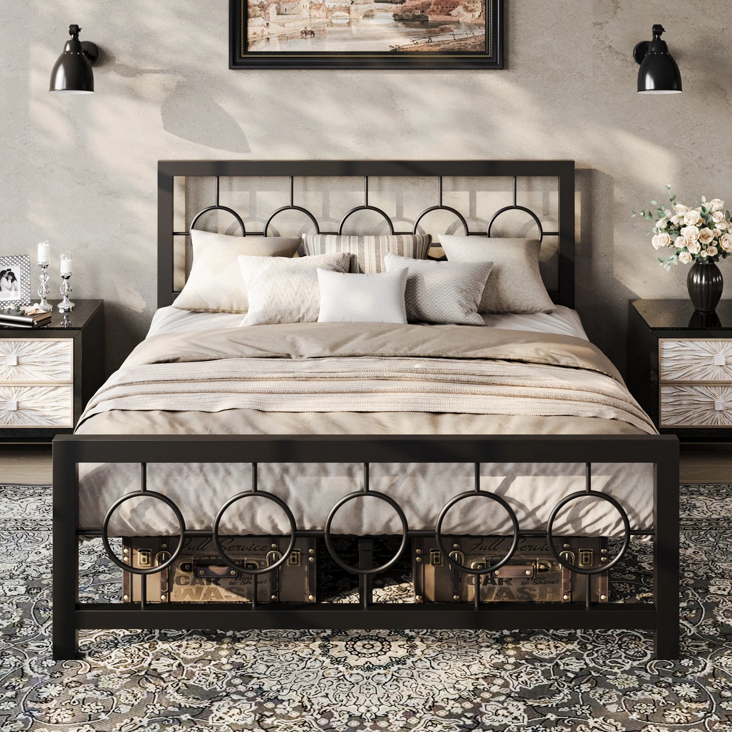 HOOMIC Metal Platform Bed Frame With Vintage Circular Design Headboard
