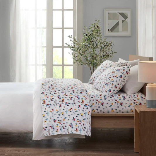 3 Piece Printed Sheet Set Village Plaid Print Cotton